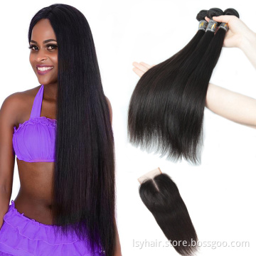 Lsy Malaysian Straight Hair Weave Bundles 100% Virgin Human Hair Extension, Natural Color 3 Bundles With Middle Part Closure